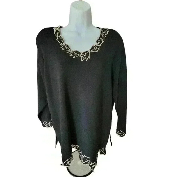 Gardy Women's Black Knit Top w/Leafy Trim / Long Sleeve / Size XL - Picture 1 of 6